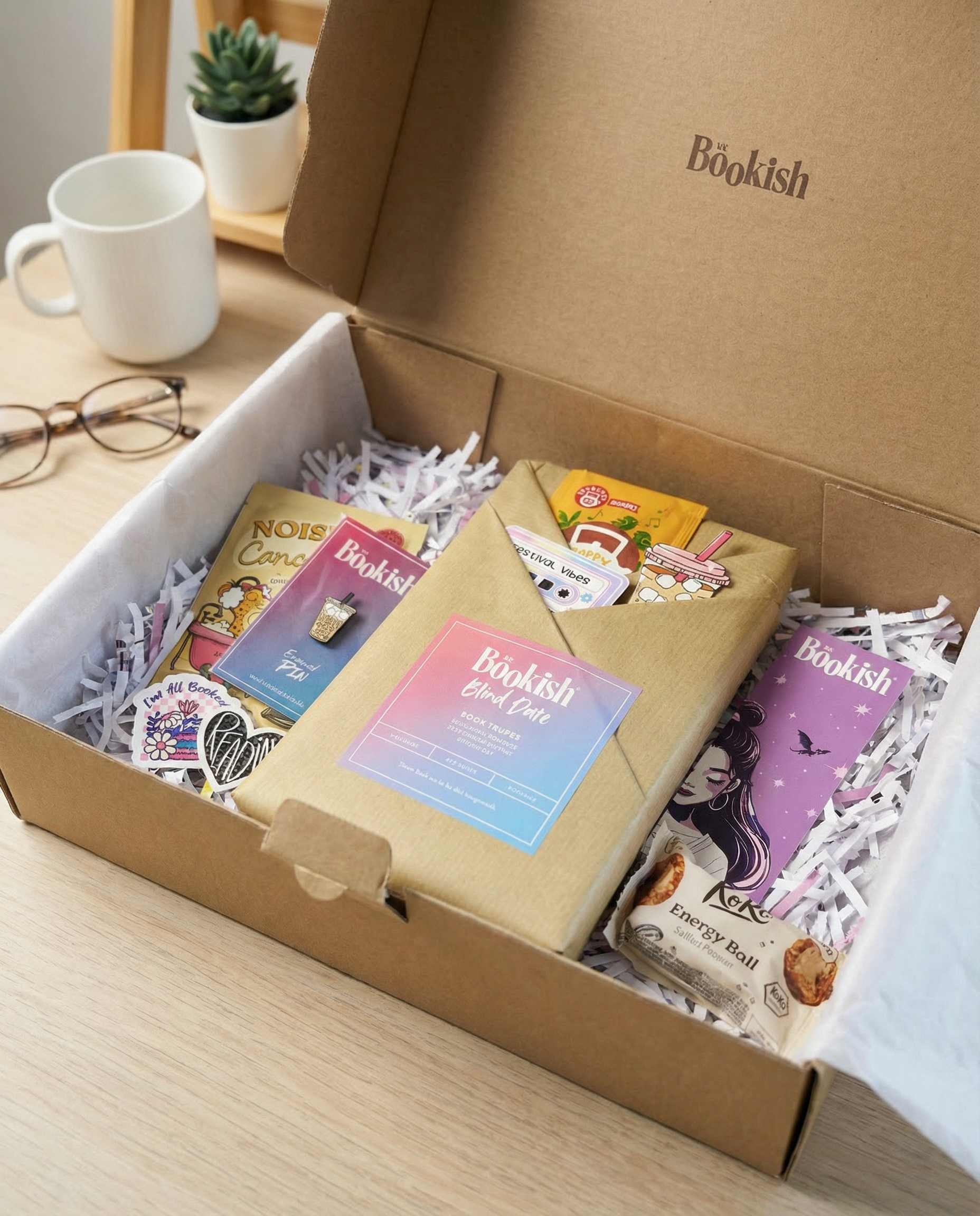 Cozy Szene mit der Be Bookish® Blind Date Box April Edition, verpacktem Überraschungsbuch, Snacks, Badezusatz und Lesezubehör für entspannte Lesemomente