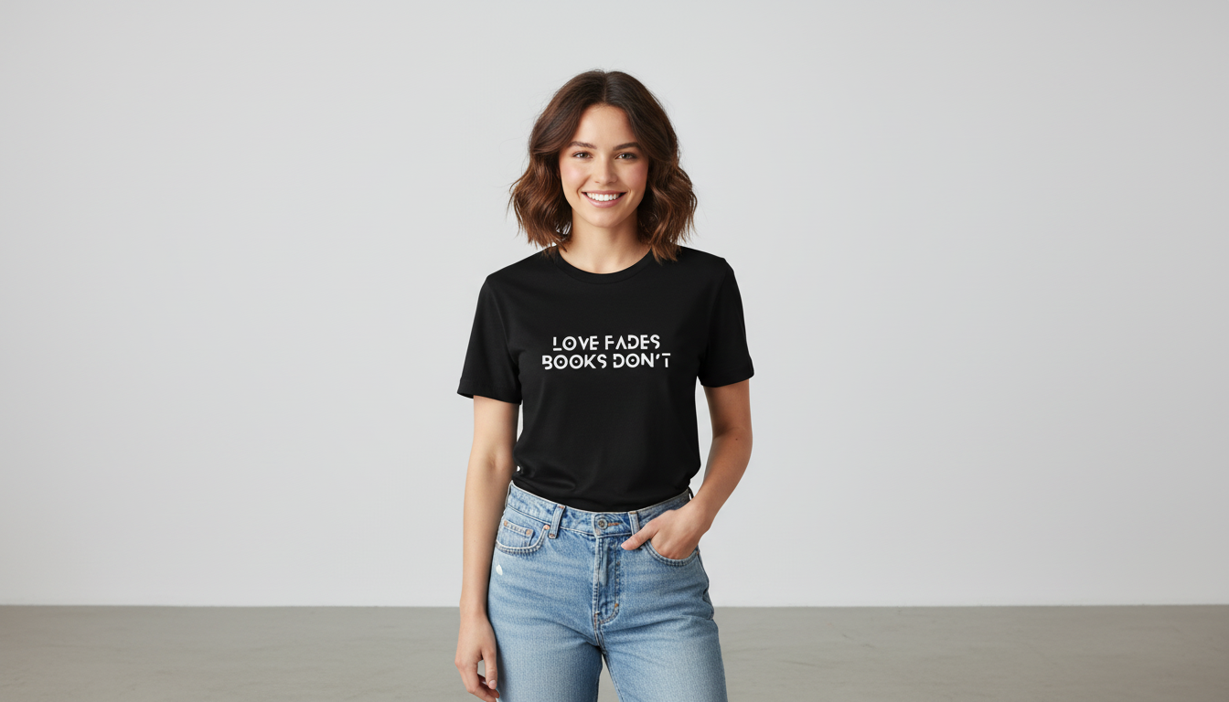 Bookish T-Shirt „Love Fades, Books Don’t“ – Schwarzes Baumwollshirt für Leser