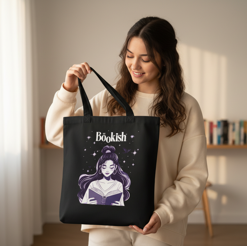 Be Bookish® Tragetasche „Romantasy“ getragen im Alltag – stilvolle Stofftasche für Romantasy- und Buchliebhaber.