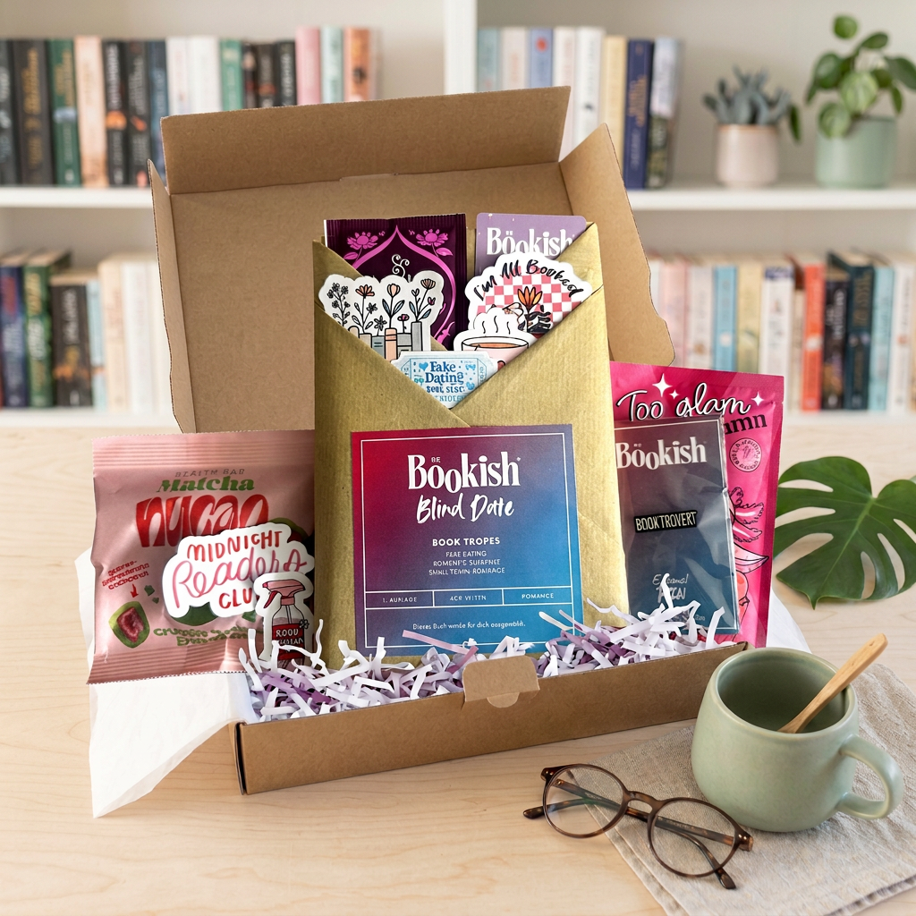Geöffnete Be Bookish Blind Date Buch Box Mai Edition mit liebevoll verpacktem Überraschungsbuch und Bookish Extras