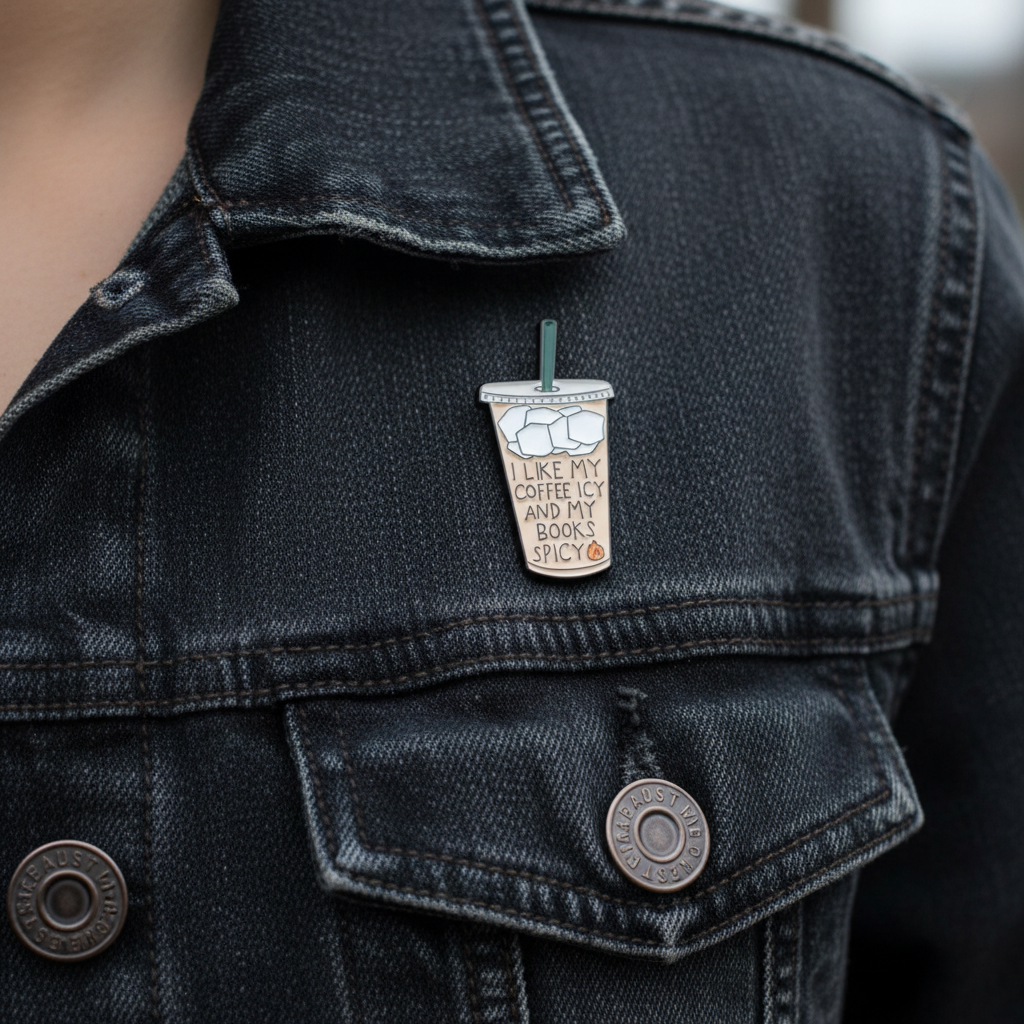 Bookish Coffee Pin aus Metall und Emaille an einem Outfit getragen, Motiv: Icy Coffee & Spicy Books, zeigt Größe und Platzierung am Kleidungsstück.