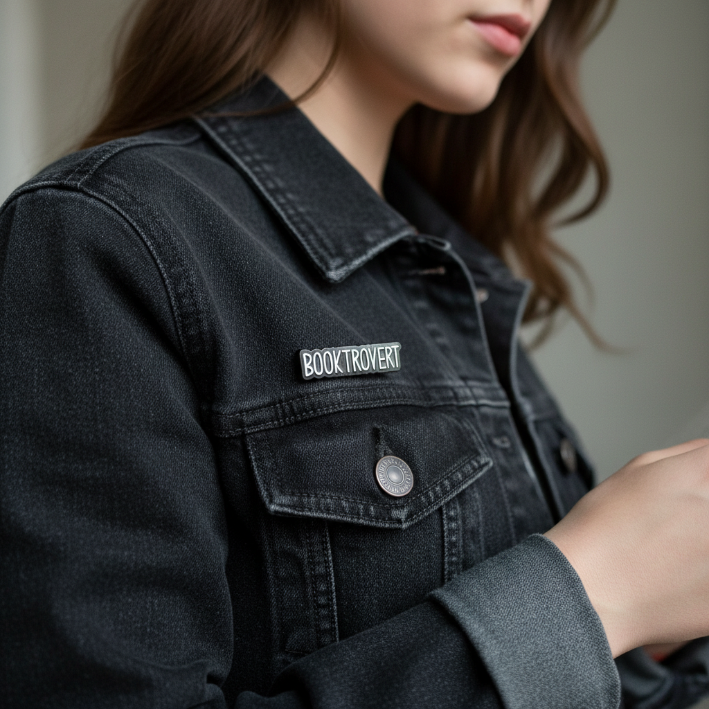Getragener Booktrovert Pin für Bücherliebhaber:innen an Jacke oder Rucksack.