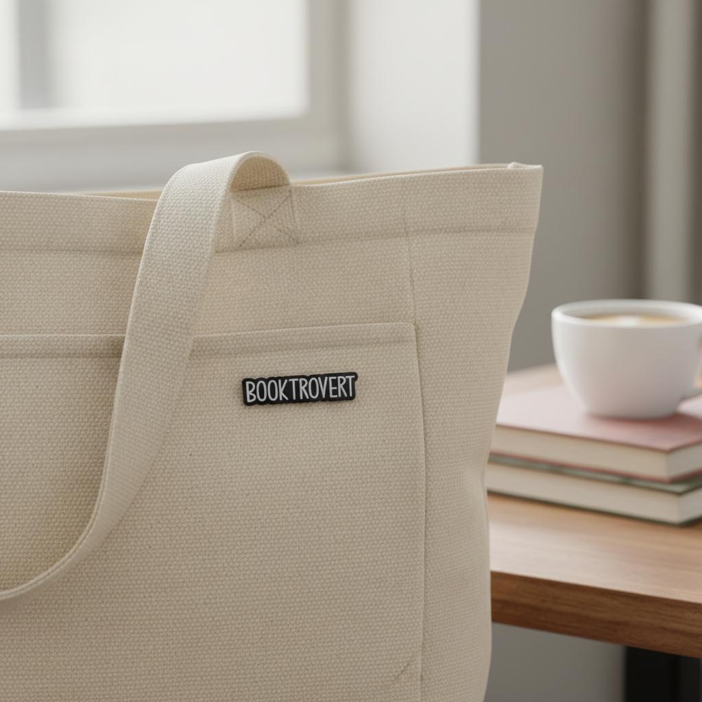 Getragener Booktrovert Pin für Bücherliebhaber:innen an Tasche.