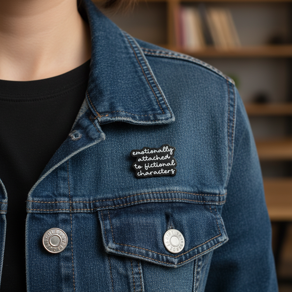 Person trägt den ‚Emotionally Attached to Fictional Characters‘ Emaille Pin an einer Jacke – zeigt Größe und Stil des Pins im Alltag.