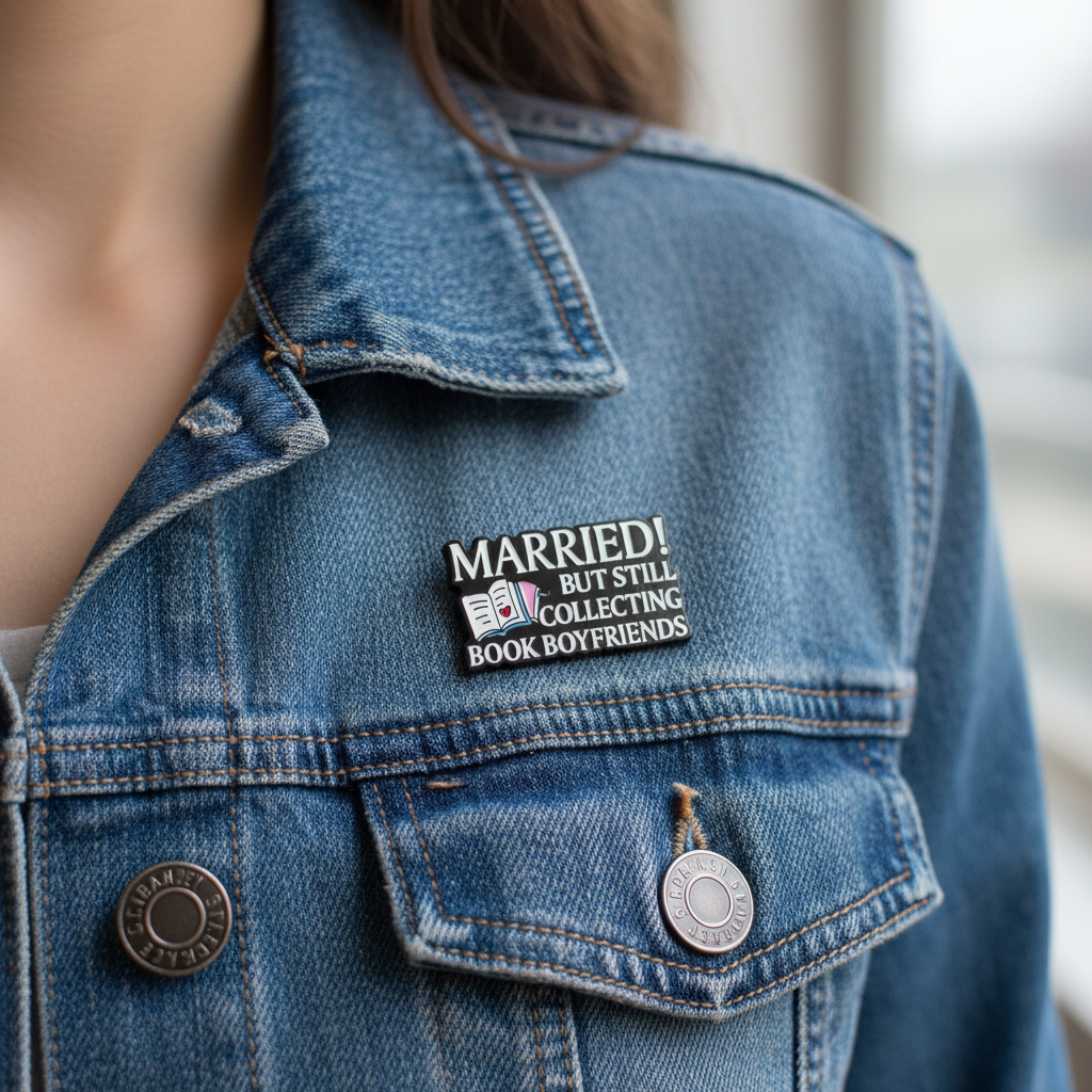Getragener Emaille-Pin „Married! But Still Collecting Book Boyfriends“ an Kleidung – perfektes Geschenk für Buchliebhaberinnen.